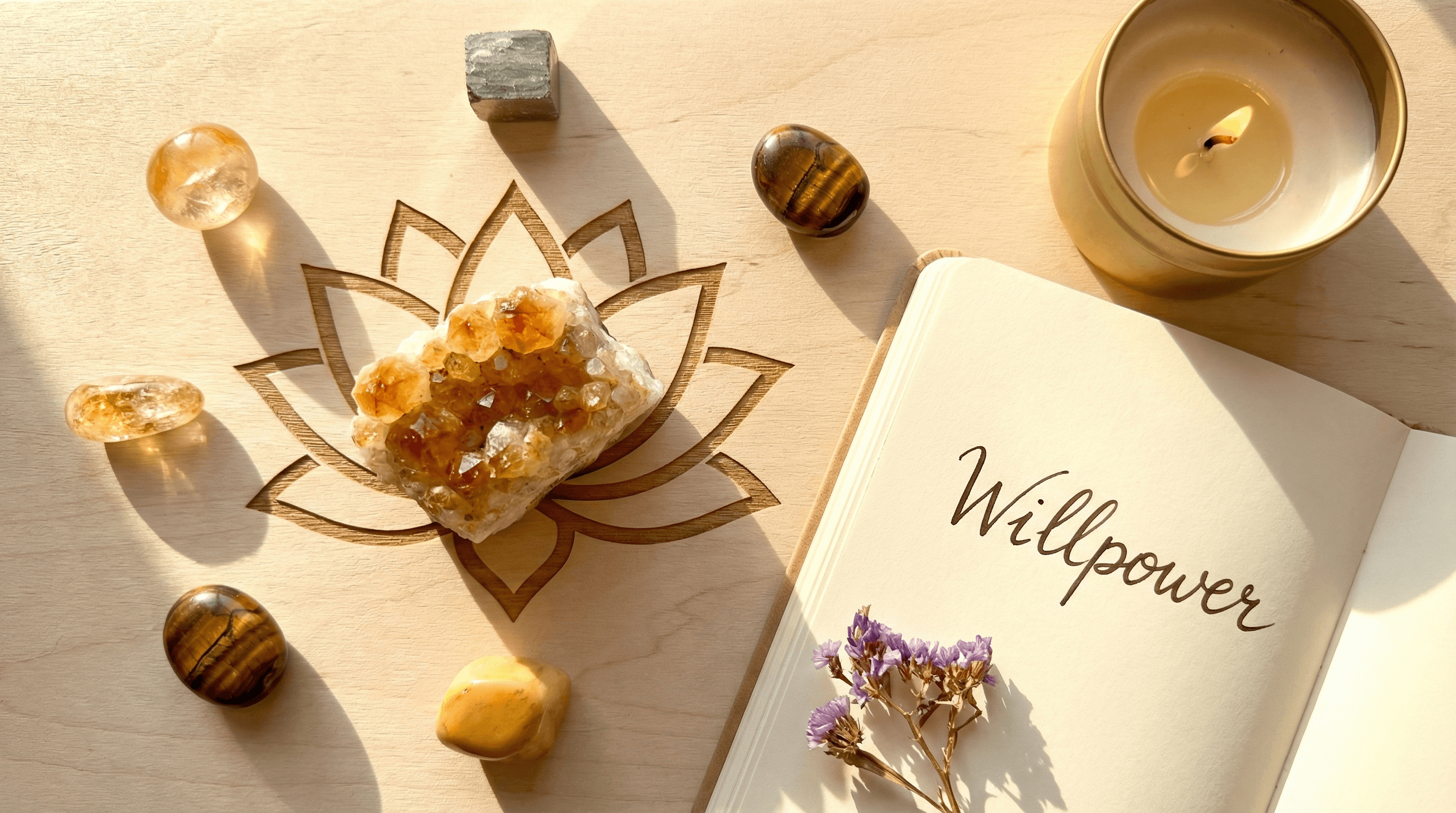 Citrine and Yellow Jasper crystals on a wooden altar with a manifestation journal, symbolizing solar plexus chakra healing and willpower.