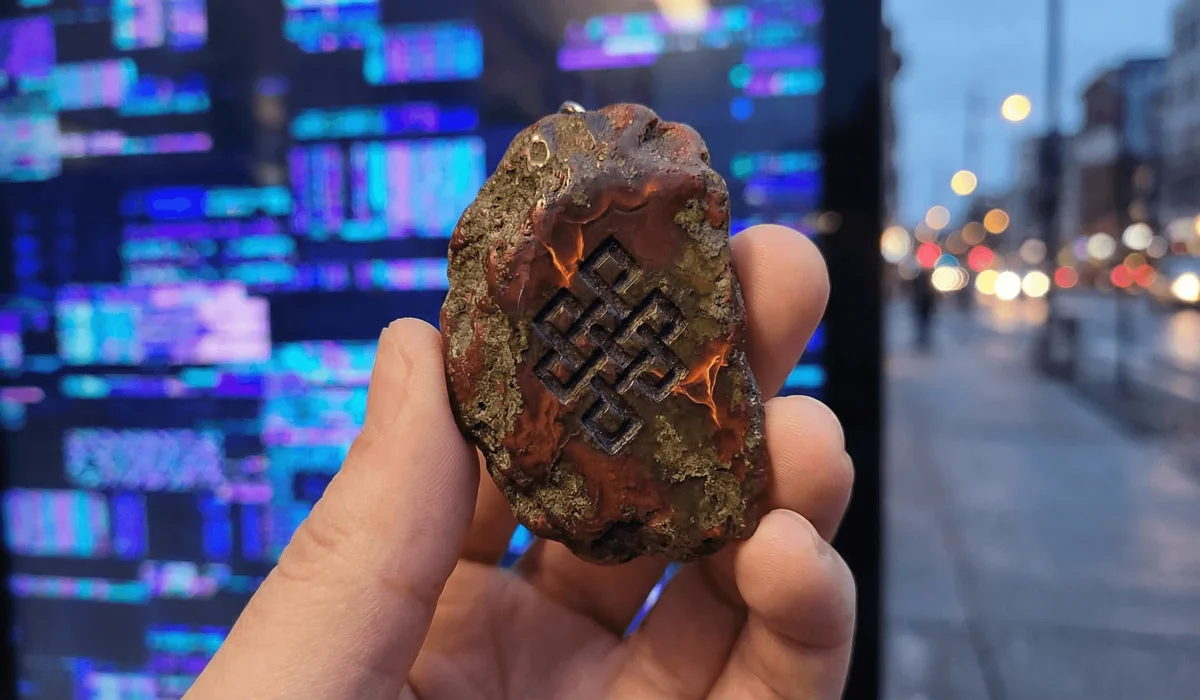 A Dragon Vein Agate talisman with an Endless Knot symbol acting as a psychological anchor against modern burnout.