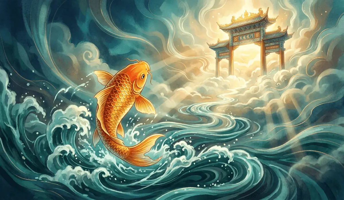 Golden and orange koi fish swimming upstream toward the mystical Celestial Dragon Gate