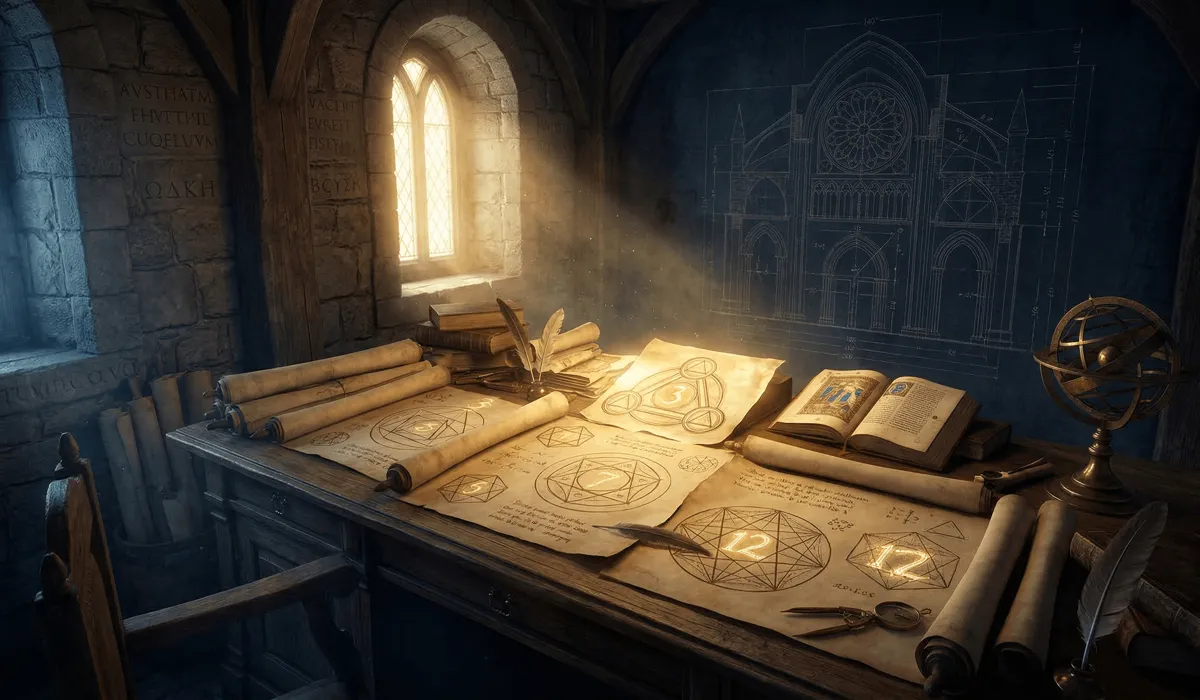 Ancient scrolls with sacred geometry and biblical numerology symbols reflecting the divine origins of numbers.