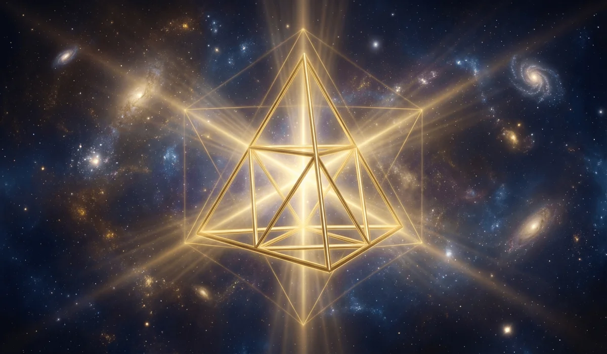 Ethereal 3D tetrahedron representing the Divine Architecture and the spiritual meaning of 444.