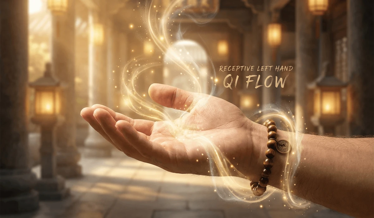 Conceptual illustration of wealth energy flowing into the receptive left hand of a man wearing a prosperity bracelet.