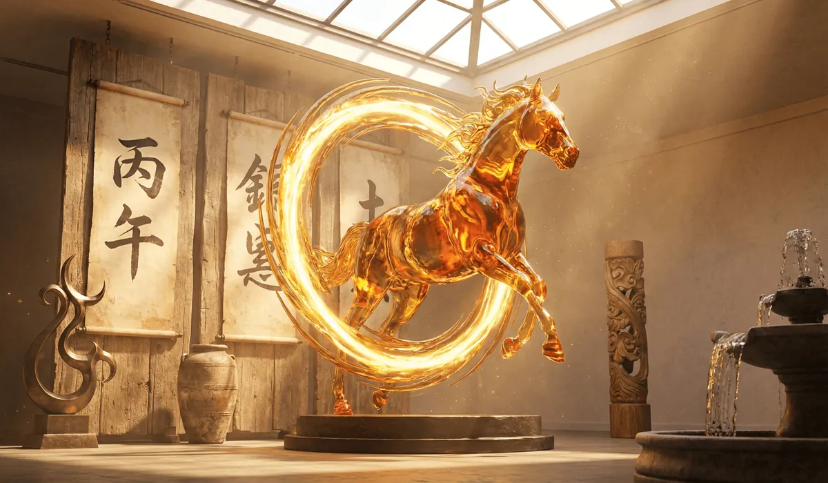 A visual representation of the Fire element merging with a Horse, symbolizing the Bing Wu Fire Horse year.