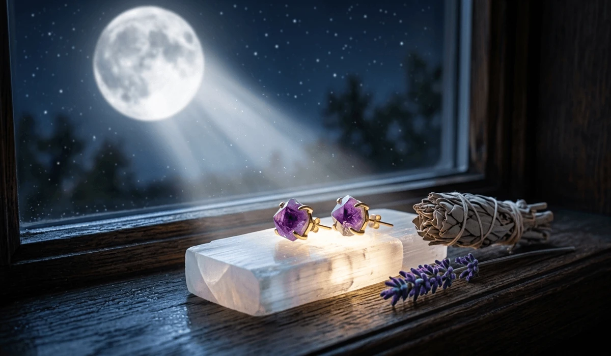Amethyst stud earrings being charged on a Selenite plate under full moonlight for energy cleansing.