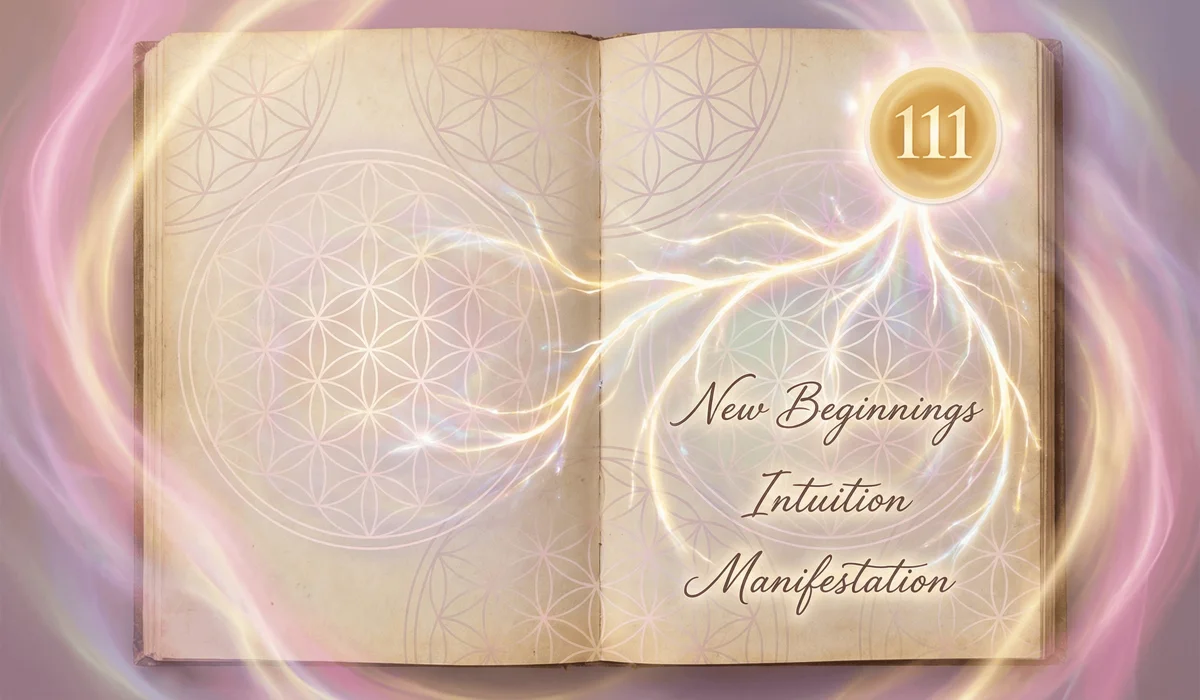 An open manifestation journal showing the strategic placement of an angel number sticker to direct energy flow according to Feng Shui principles.