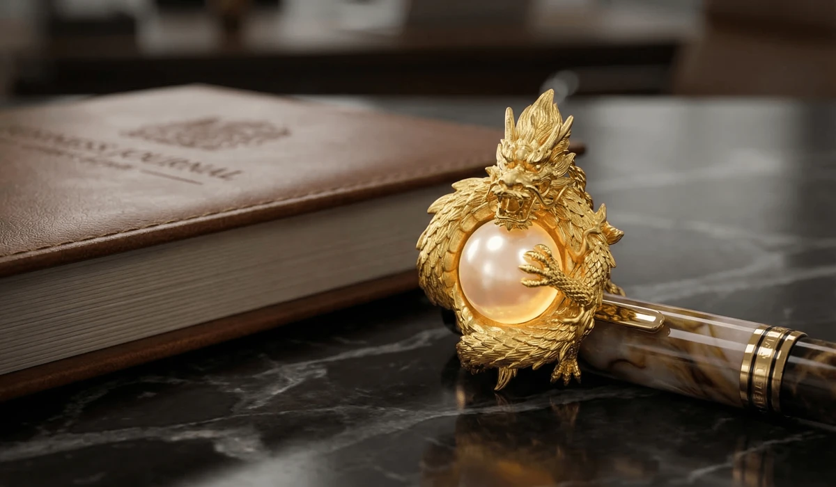A luxury 18K gold dragon pendant with a pearl of wisdom, symbolizing career success and professional authority.