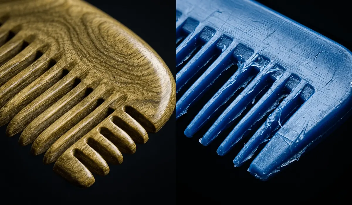 Macro visual comparison between smooth hand-polished green sandalwood comb teeth and rough plastic comb injection seams.