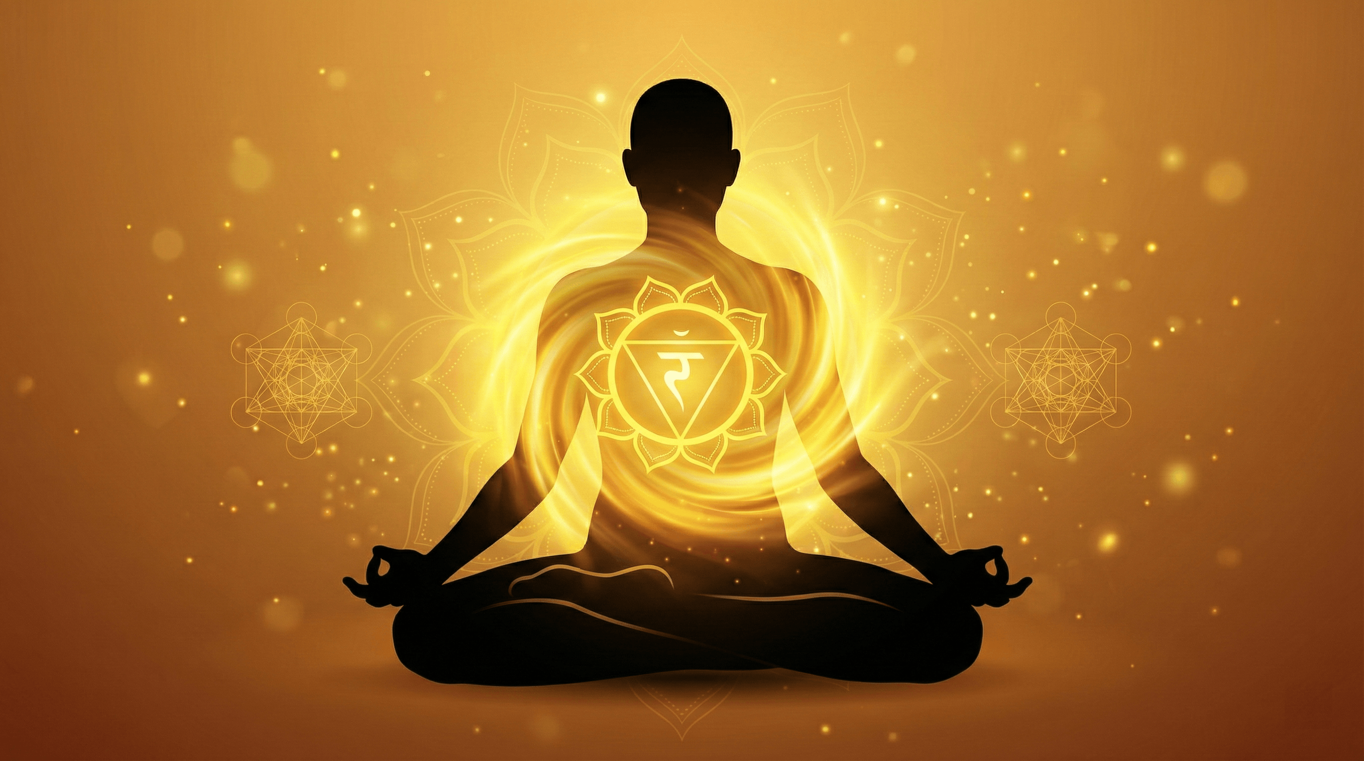 A glowing golden-yellow Solar Plexus Chakra energy center radiating from a meditating person's upper abdomen, representing personal power.