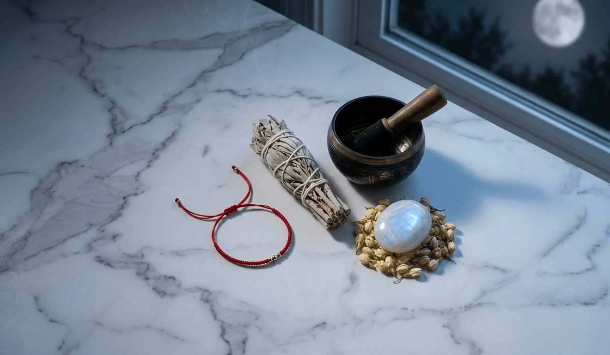 Spiritual cleansing setup for a red string bracelet with sage, a singing bowl, and moonlight for charging energy.