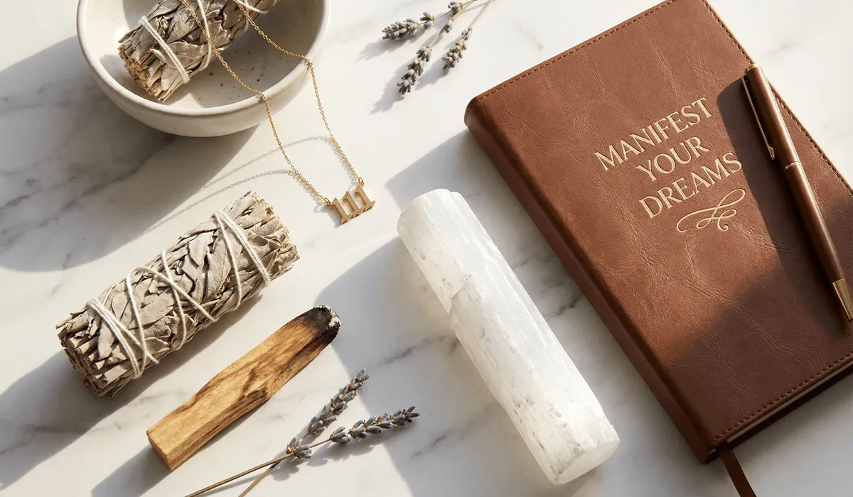 Spiritual manifestation tools including an angel number necklace, sage, and selenite crystal for energy cleansing.