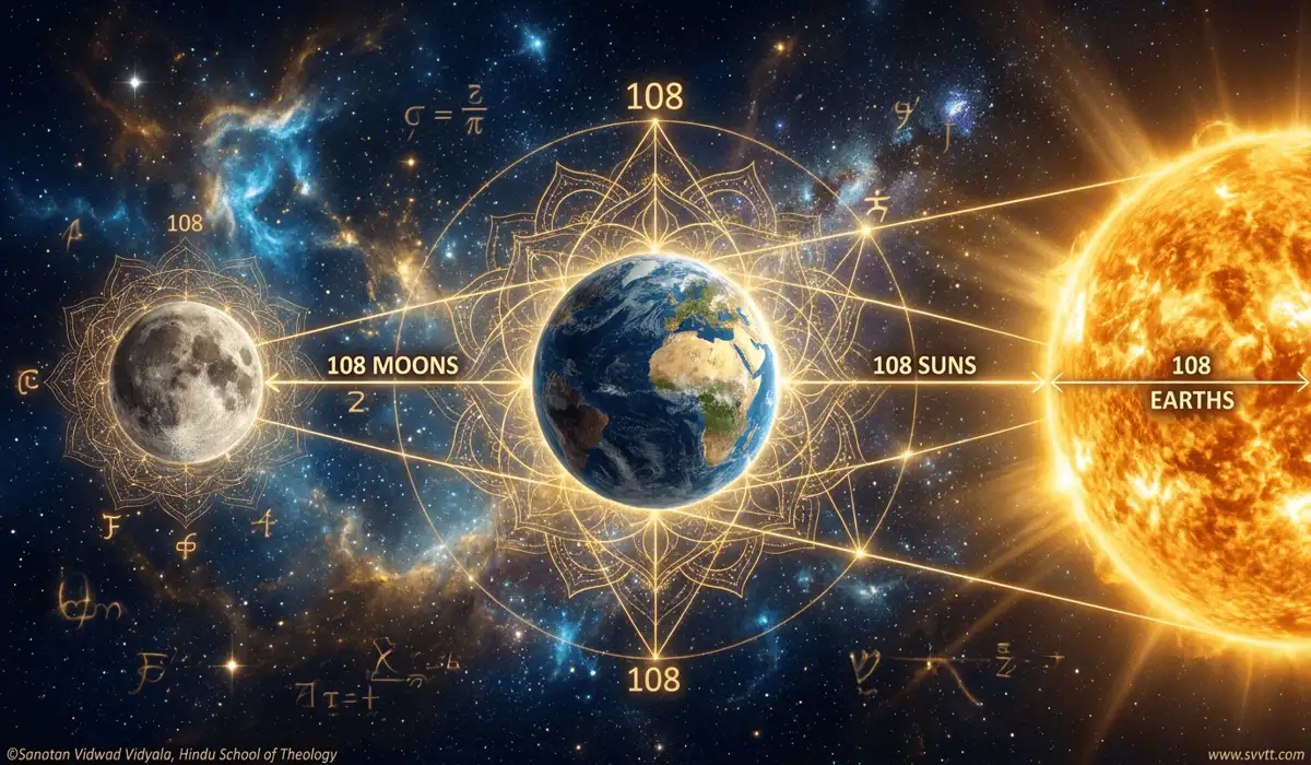 Sacred cosmological geometry illustration showing Earth, Sun, and Moon astronomical alignment matching the 108 ratio