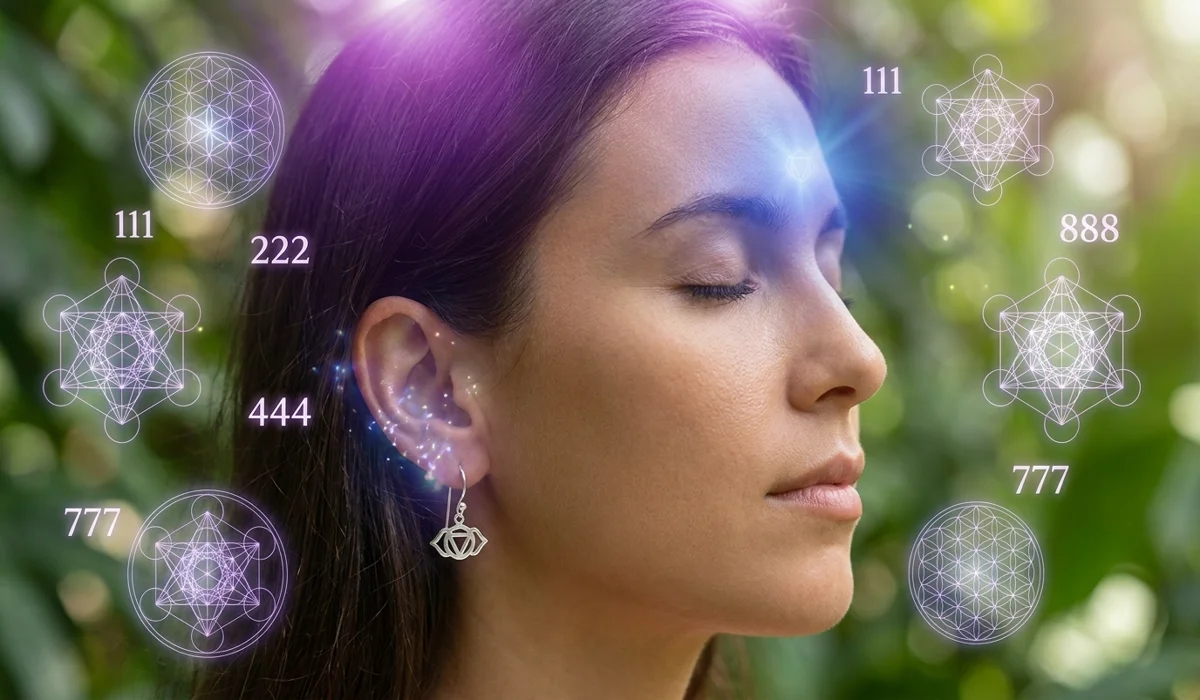 Artistic representation of angel number earrings aligning with the Third Eye and Crown chakras for spiritual intuition and higher consciousness.