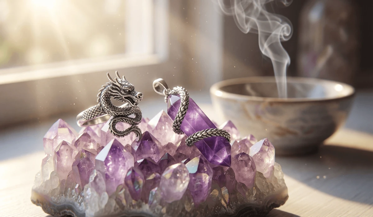Dragon jewelry being cleansed and charged on an amethyst cluster to refresh its metaphysical properties and leadership energy.