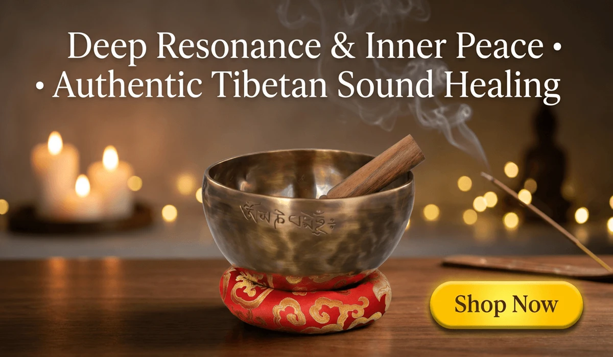 Handmade Nepalese Full Moon Singing Bowl with wooden mallet on red embroidered cushion for sound healing and meditation