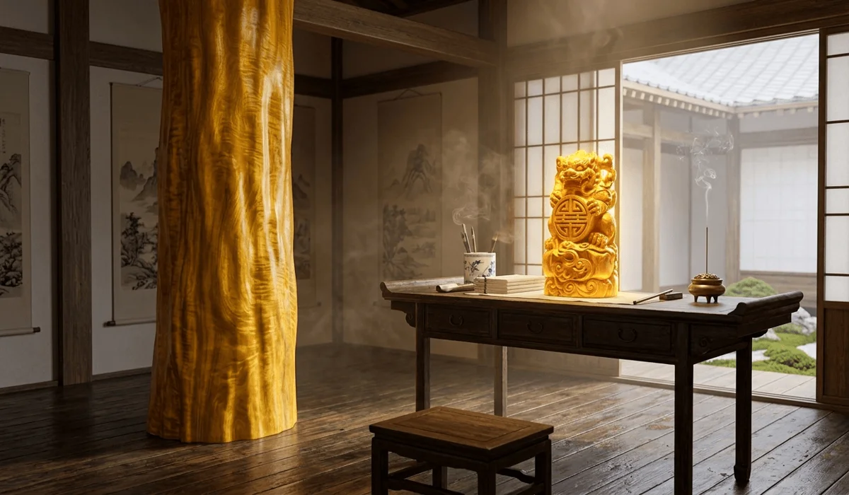 Traditional Chinese Zen room with Golden Silk Nanmu pillars and a protective wood carving symbolizing Feng Shui balance.