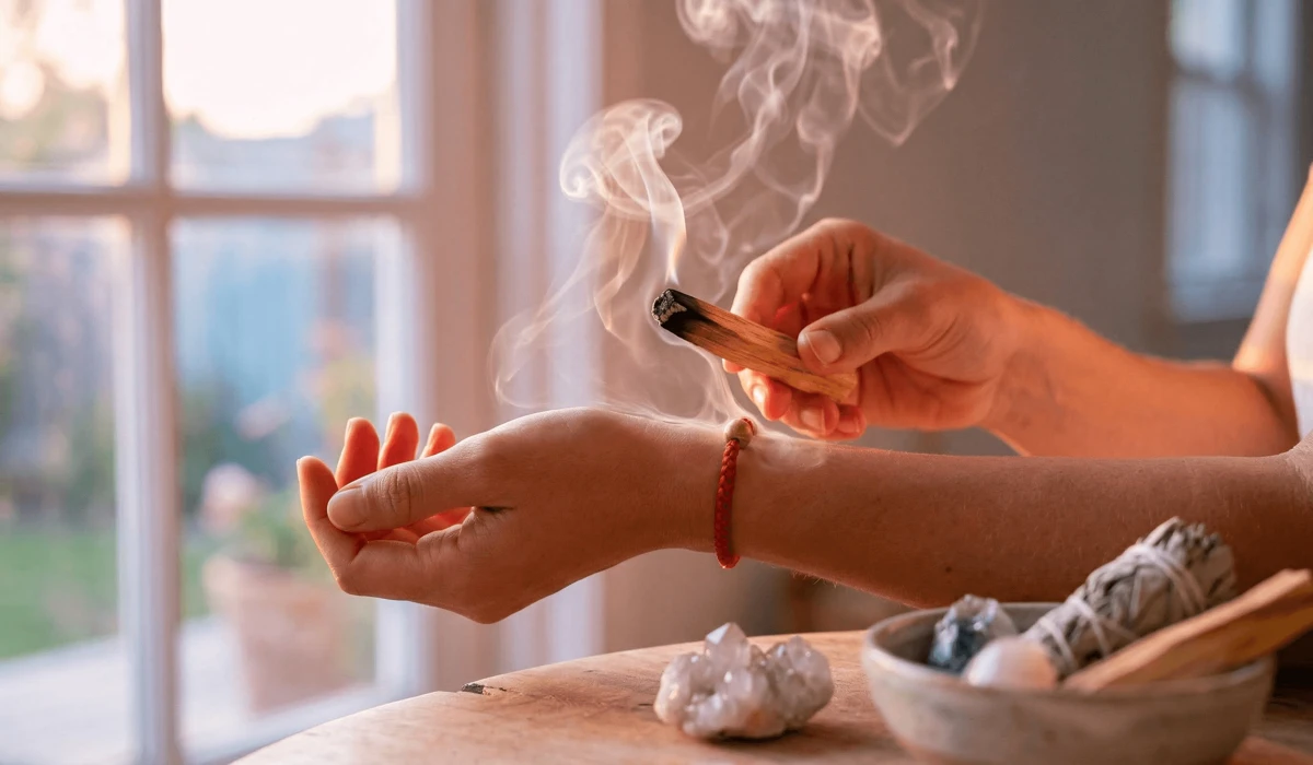 A person cleansing a red string bracelet with Palo Santo smoke to recharge its spiritual energy and intention.