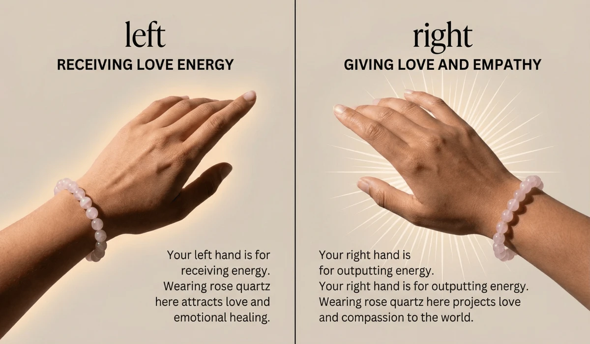 Comparison of wearing a rose quartz bracelet on the left hand versus the right hand for receiving or giving love.