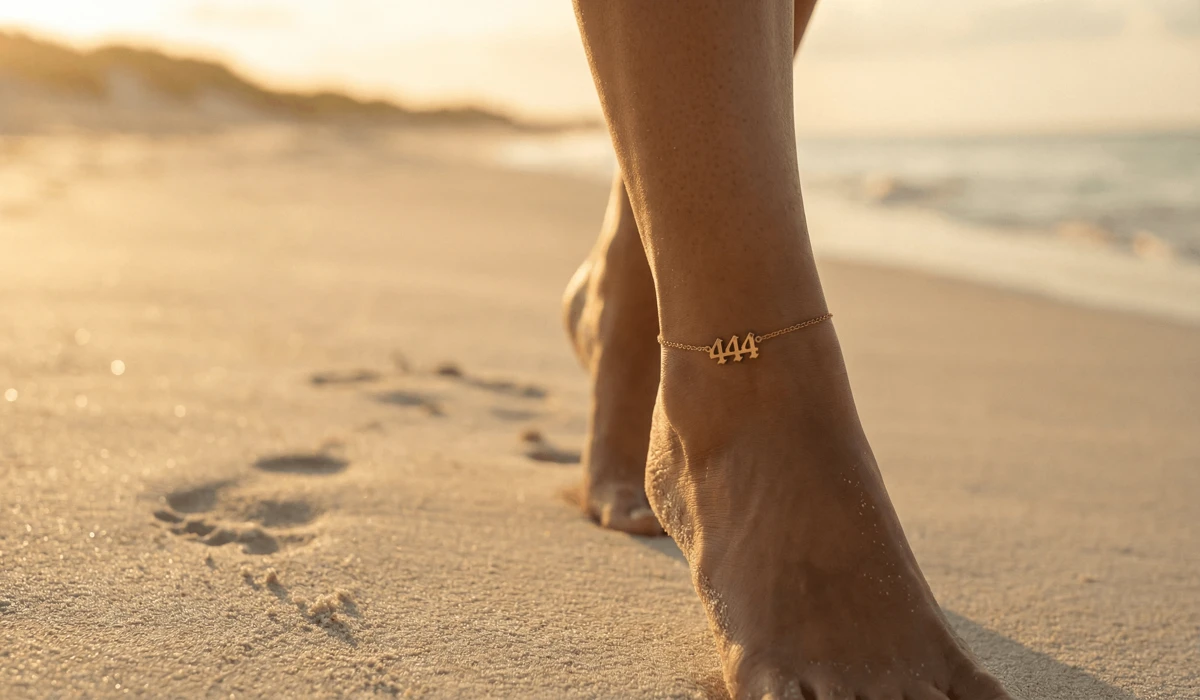 A gold 444 angel number anklet on a woman's ankle as she walks on a beach, symbolizing walking a divine path.