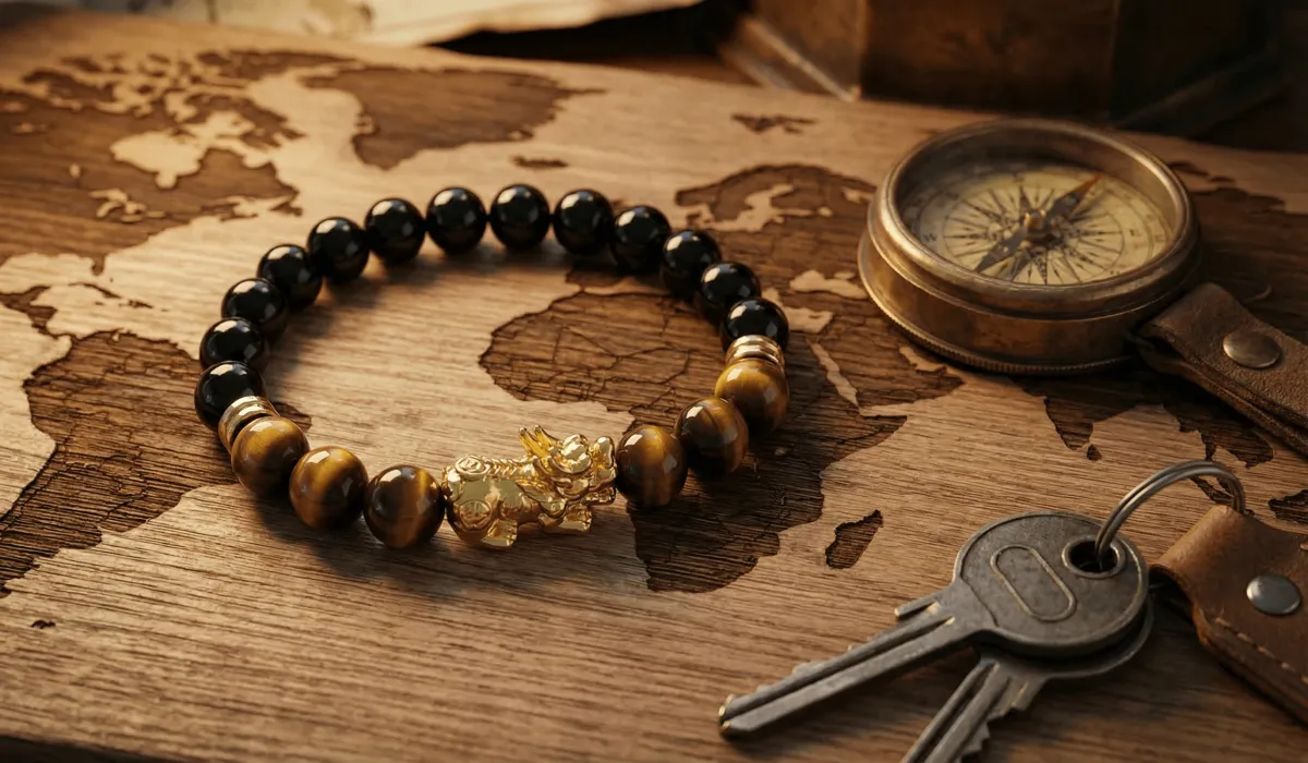 A Feng Shui travel protection bracelet with Black Obsidian and Tiger&rsquo;s Eye beads on a wooden map with car keys.
