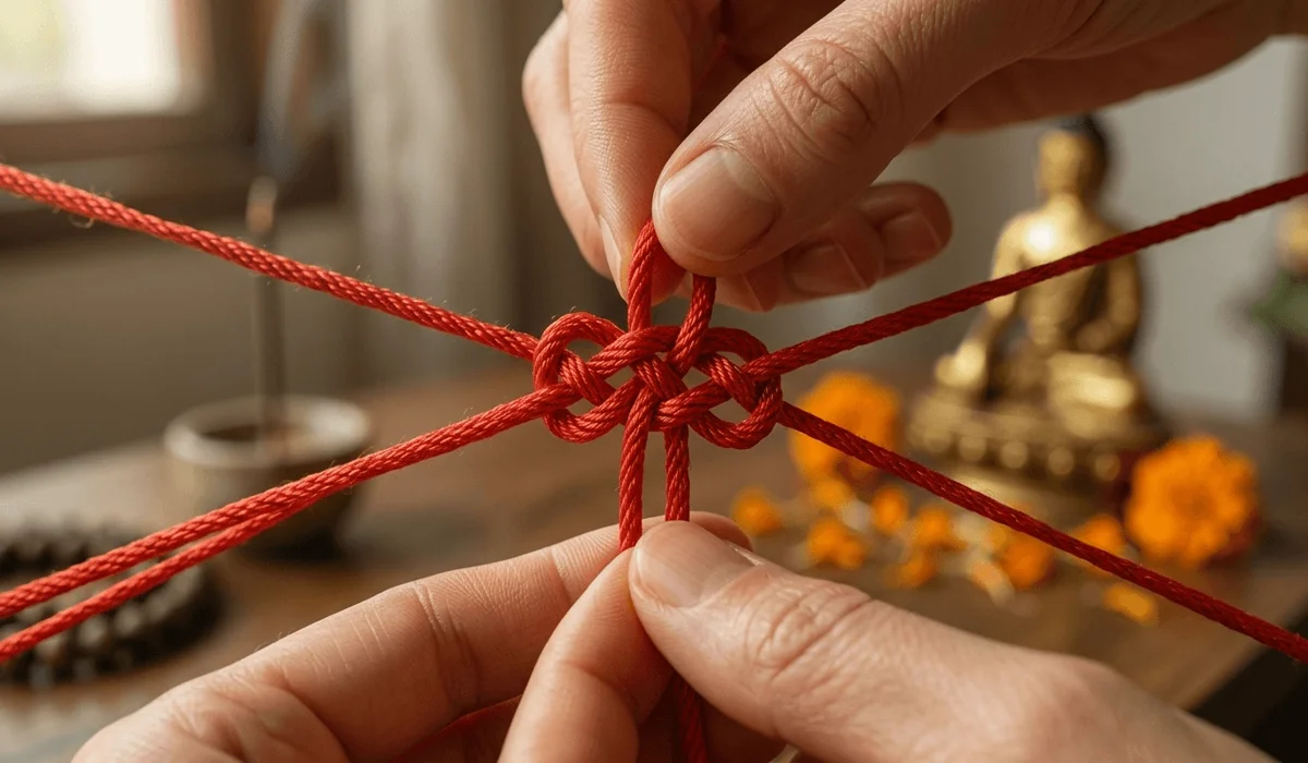 Close-up of hands weaving an interlocking red Tibetan square knot for spiritual protection.