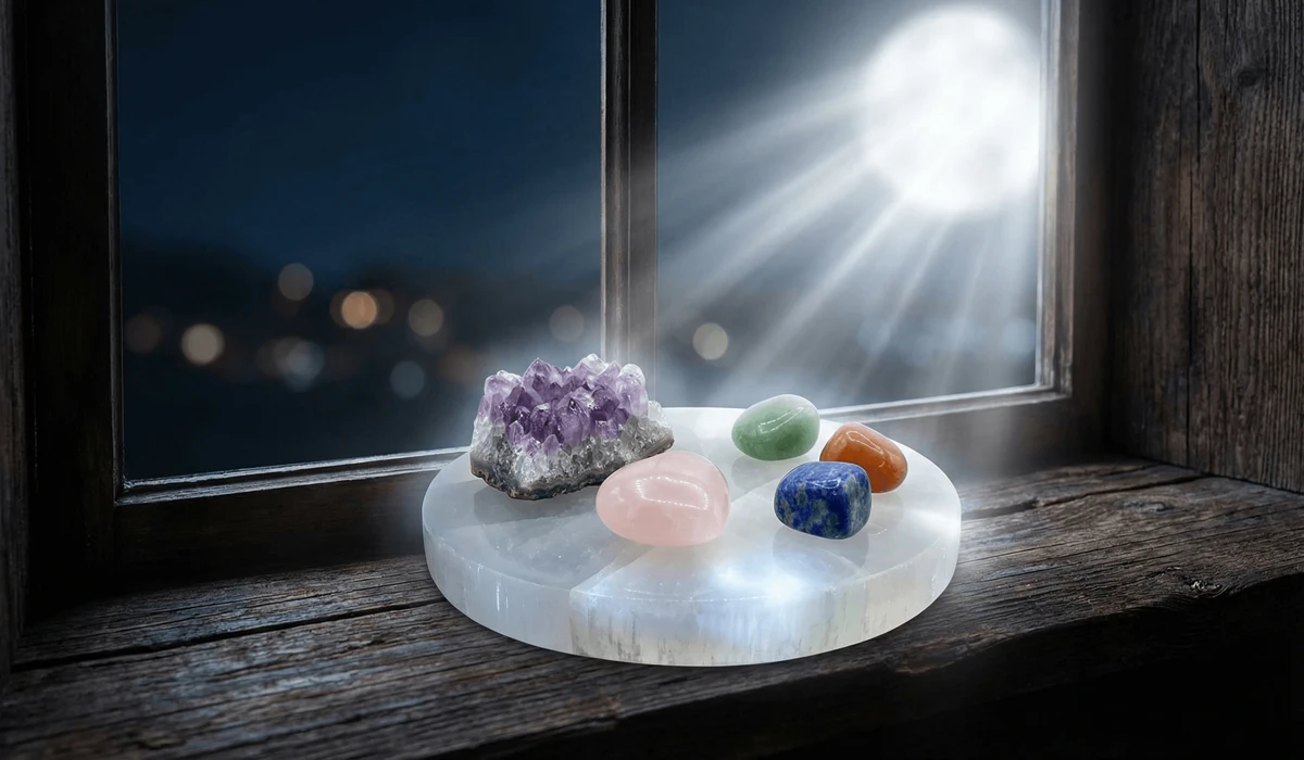 A Selenite charging plate being used to cleanse and recharge other gemstones under the light of a full moon.