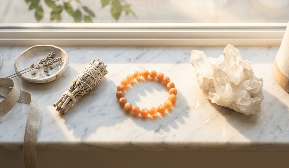 Sunstone bracelet charging in direct morning sunlight next to a quartz crystal and sage for spiritual cleansing.