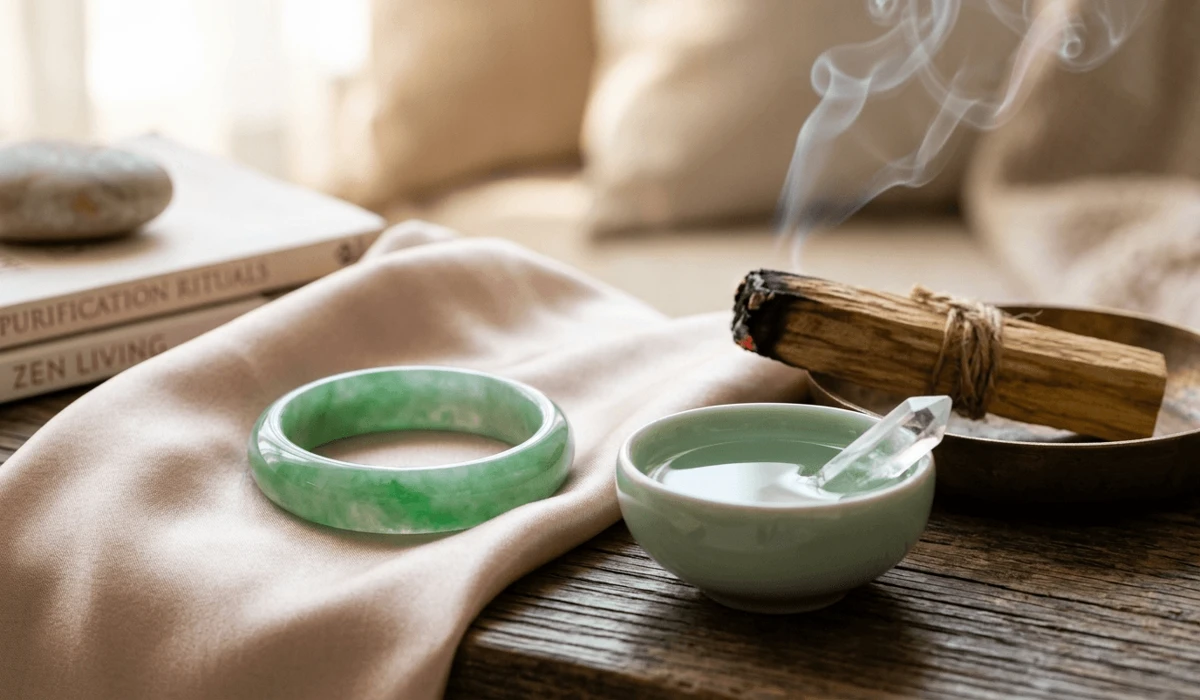 Preparation tools for a jade bangle ritual including Type A jadeite, sandalwood smoke, and purified water.