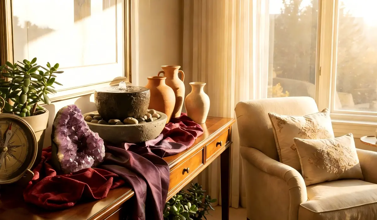 Luxurious wealth corner in the Southwest with purple crystals and a water fountain