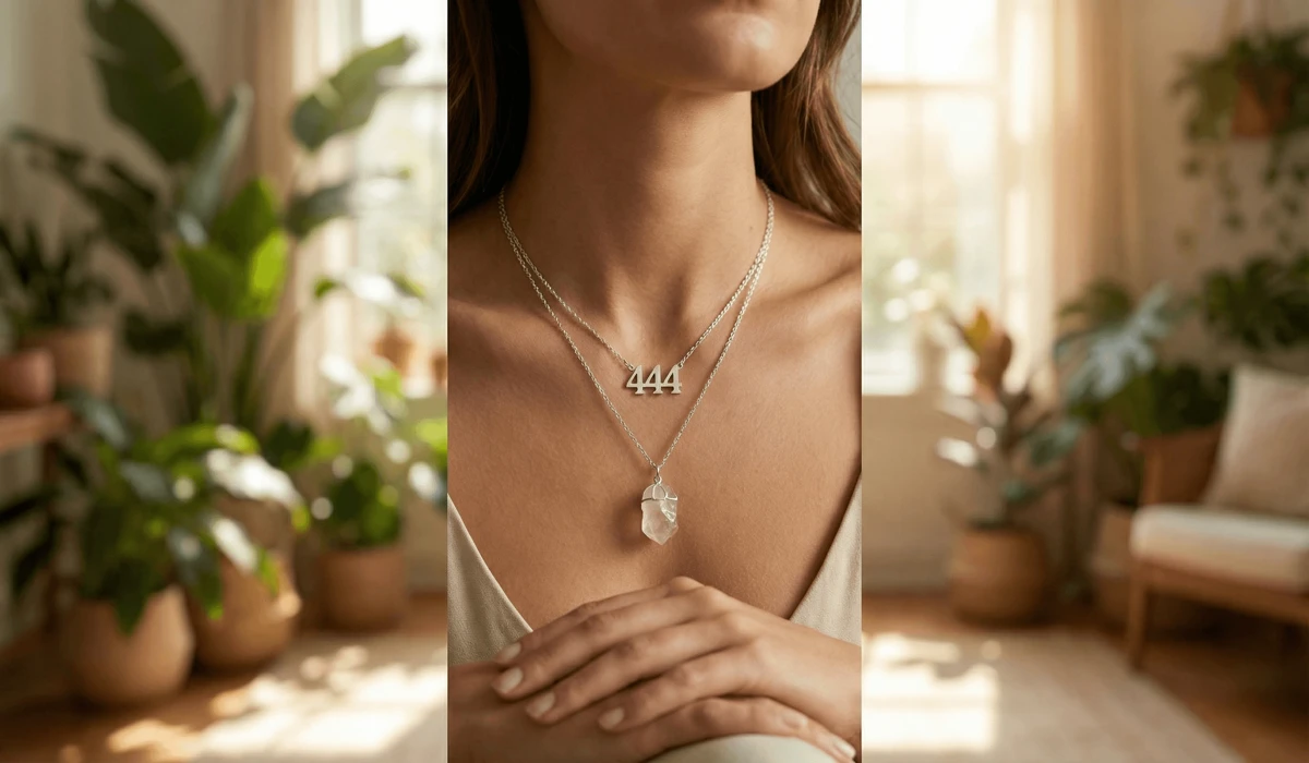 A woman wearing a 444 angel number necklace for protection and relationship stability.