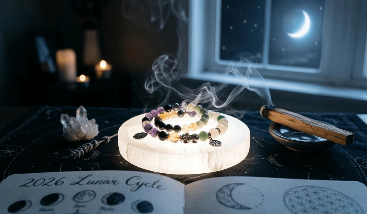 Spiritual cleansing and charging ritual for a Feng Shui wealth bracelet using Palo Santo and a Selenite plate.