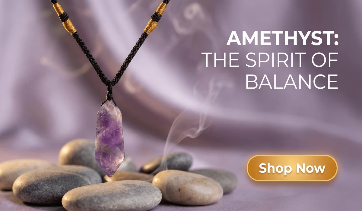 Amethyst Serenity Necklace featuring a natural purple crystal pendant for spiritual balance, high-end blog illustration with a Shop Now button.