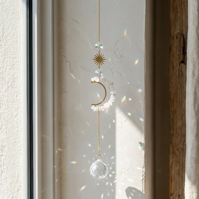 Clear Quartz Moon Suncatcher – Purifying Energy, Clarity & Inner Peace