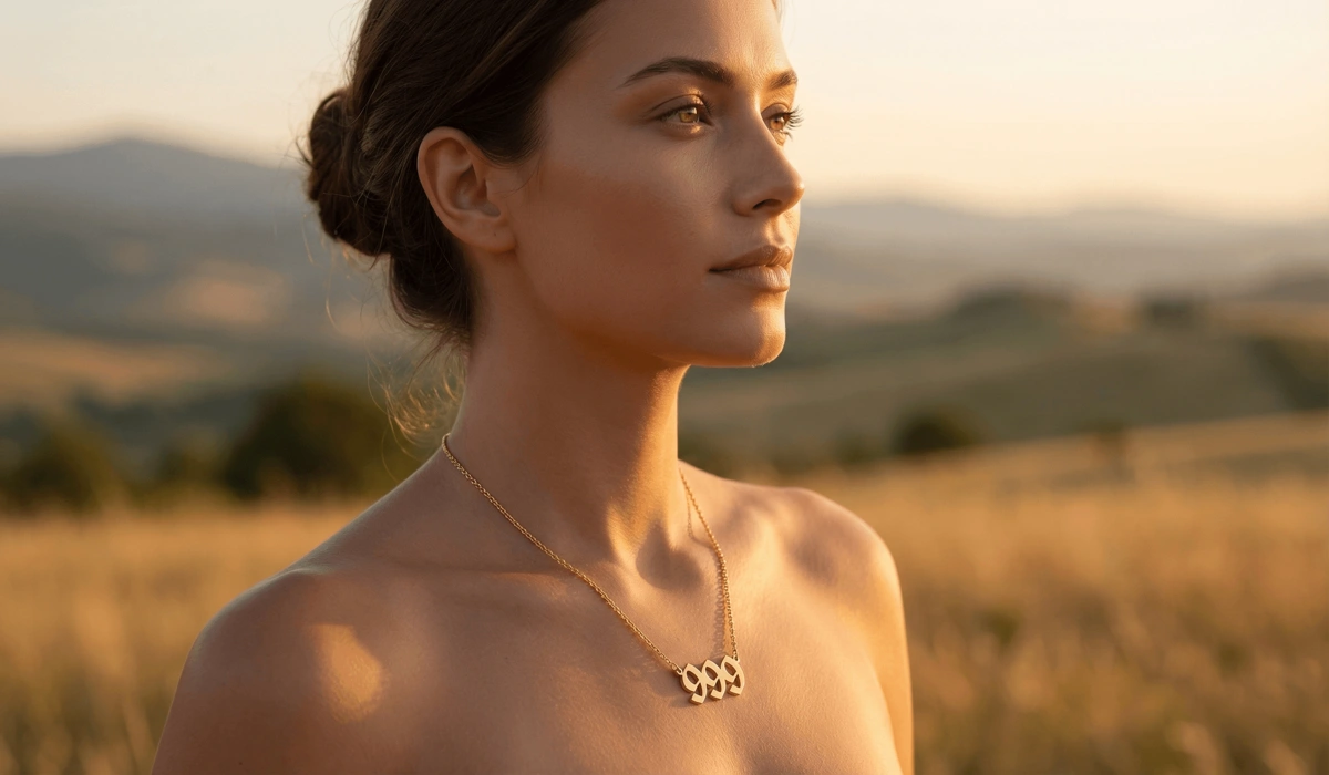 A close-up of a minimalist gold 999 angel number necklace, symbolizing a spiritual anchor for personal transition and mindful closure.