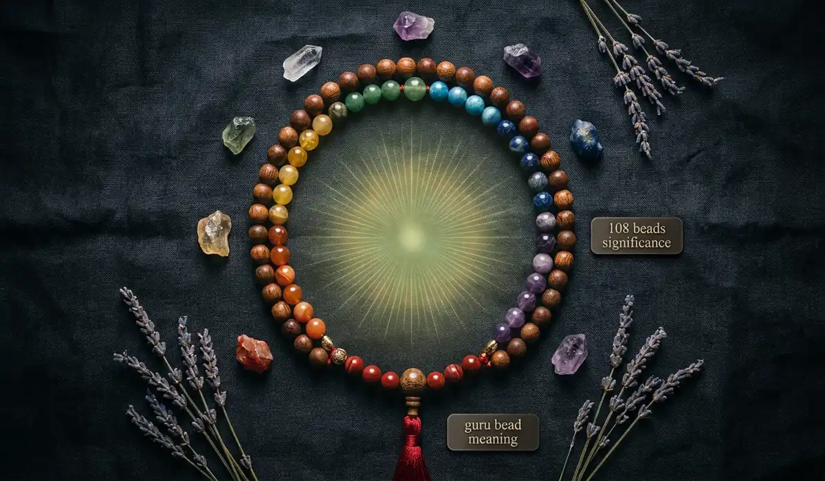 A gemstone mala arranged in a circle representing the 108 beads significance and its connection to spiritual energy centers.
