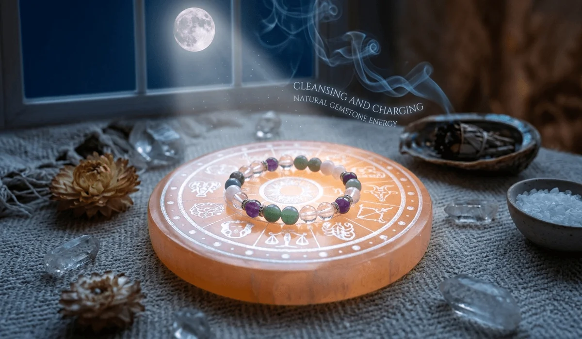 A zodiac birthstone bracelet being charged on a selenite plate under moonlight, demonstrating spiritual cleansing and gemstone care.