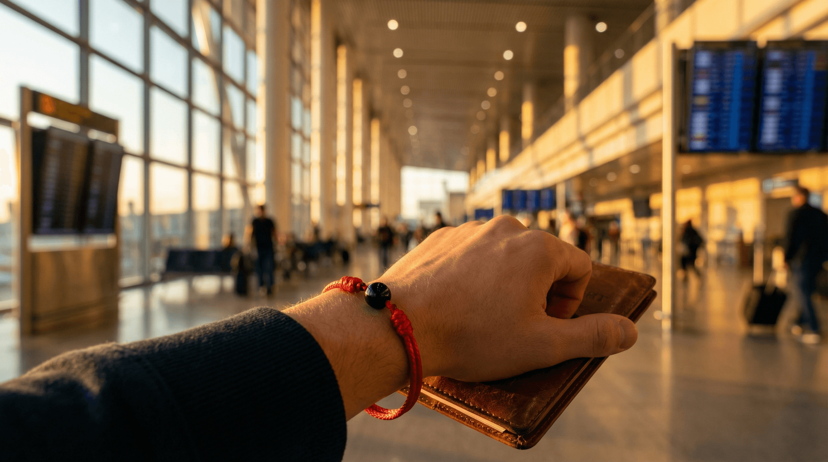 A protection bracelet for 2026 travel featuring black tourmaline and red accents worn by a traveler in a sunny airport terminal.