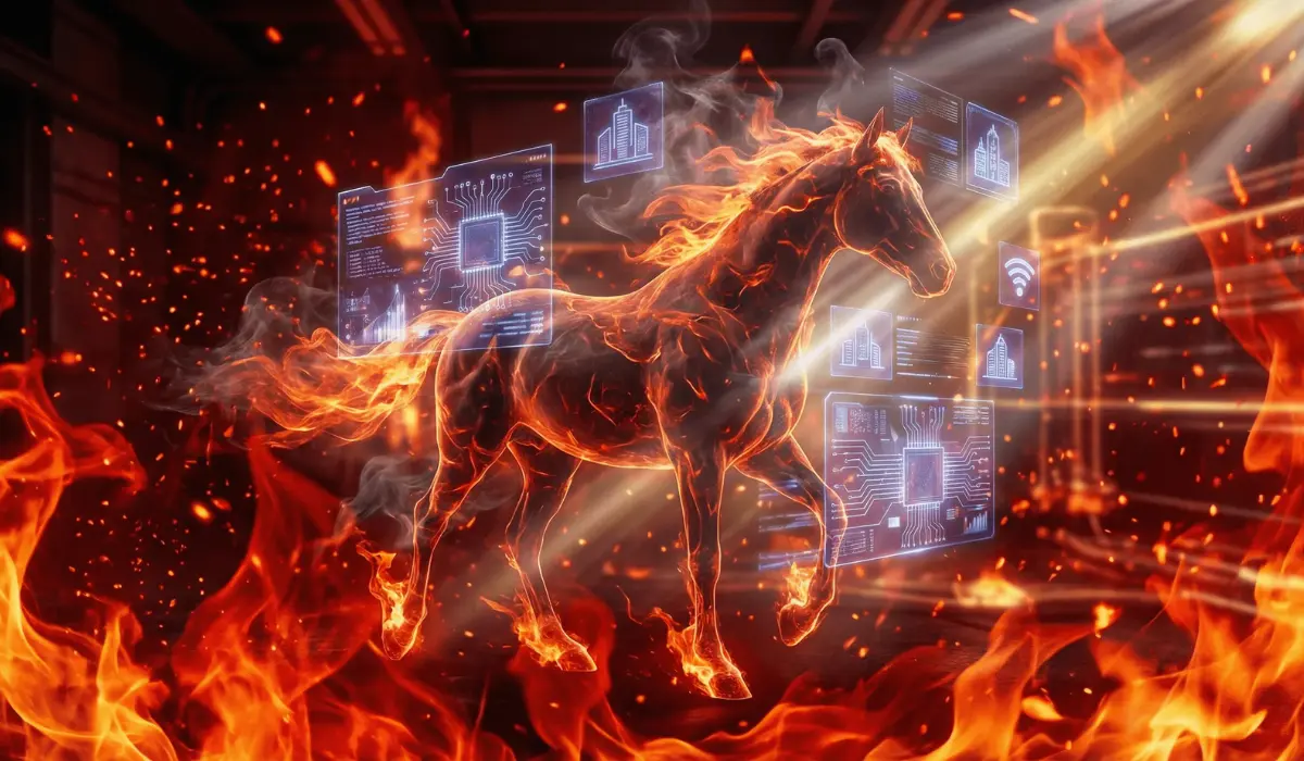 Fiery Fire Horse gallops through a futuristic digital space, surrounded by holographic data panels, flames, and radiant light beams.