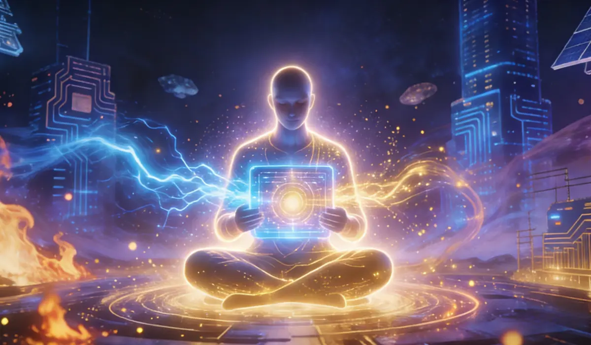 Meditating figure holding a glowing digital tablet, surrounded by blue lightning, golden energy waves, and a futuristic cyber cityscape with fire and floating planets.
