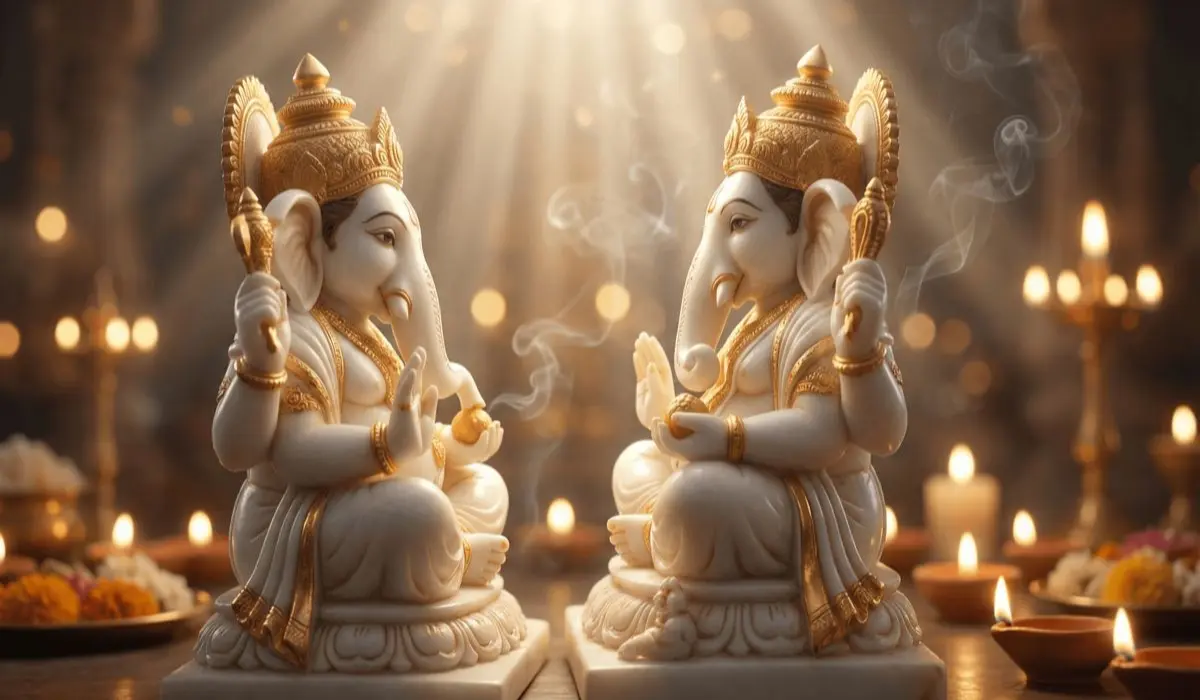 Two white marble Ganesha statues with gold accents, seated on a sacred altar surrounded by lit candles, incense smoke, and floral offerings, bathed in divine golden light beams.