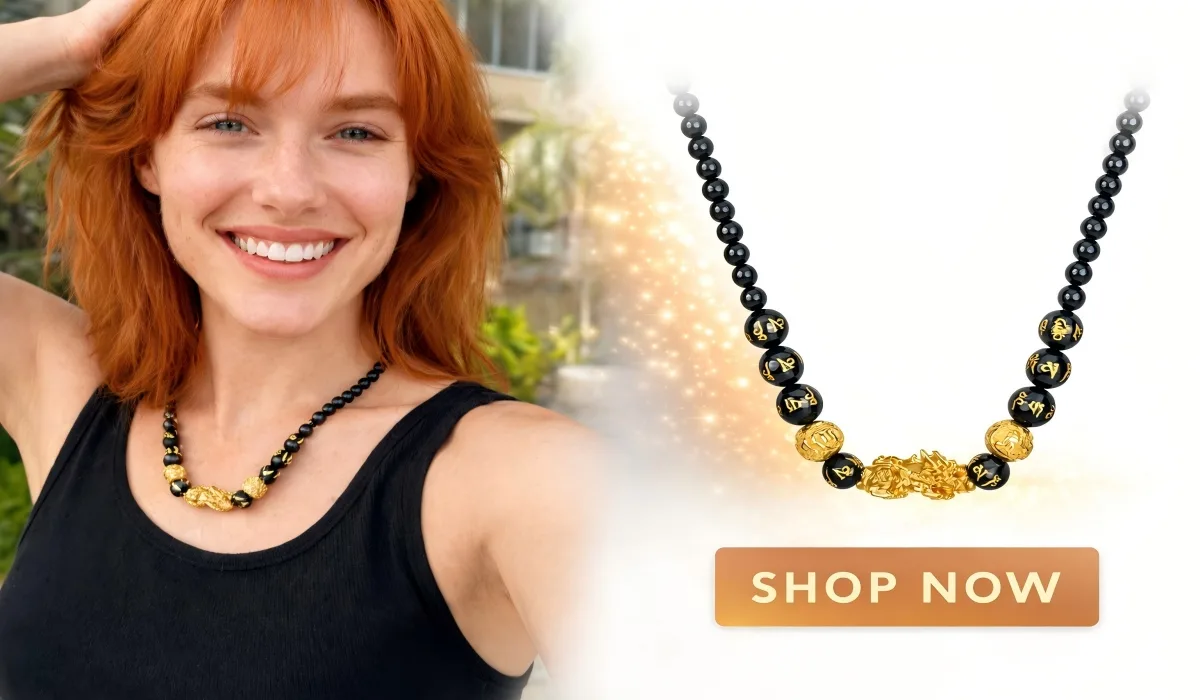 Model wearing a gold bead feng shui necklace, showcasing confidence, warmth, and everyday energy jewelry styling.