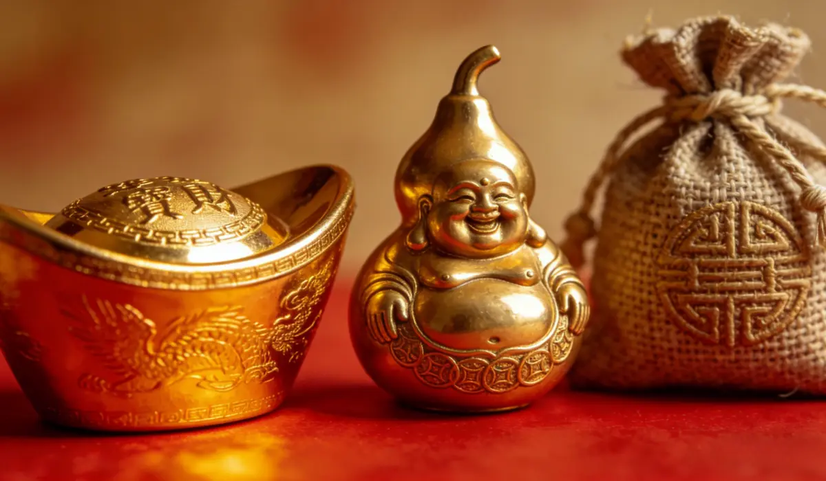 Golden ingot, gourd-shaped laughing Buddha statue, and burlap fortune bag with a longevity symbol, arranged on a vibrant red surface.