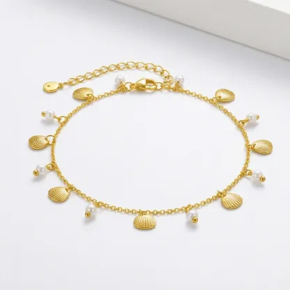 Pearl & Shell 18K Gold Plated Pearl Anklet – Effortless French Elegance & Radiant Beach Vibe