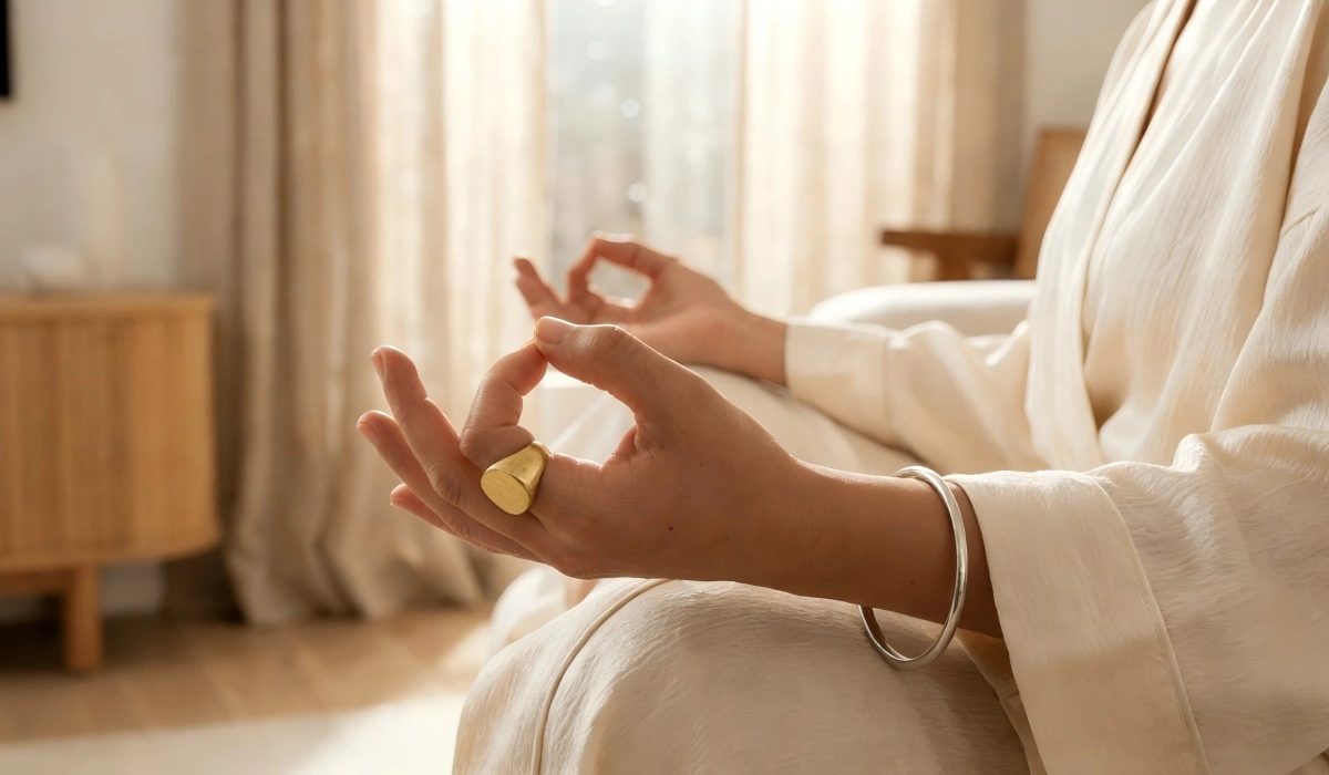 A calm meditation scene featuring gold and silver jewelry, representing balance between action, intuition, and inner clarity.