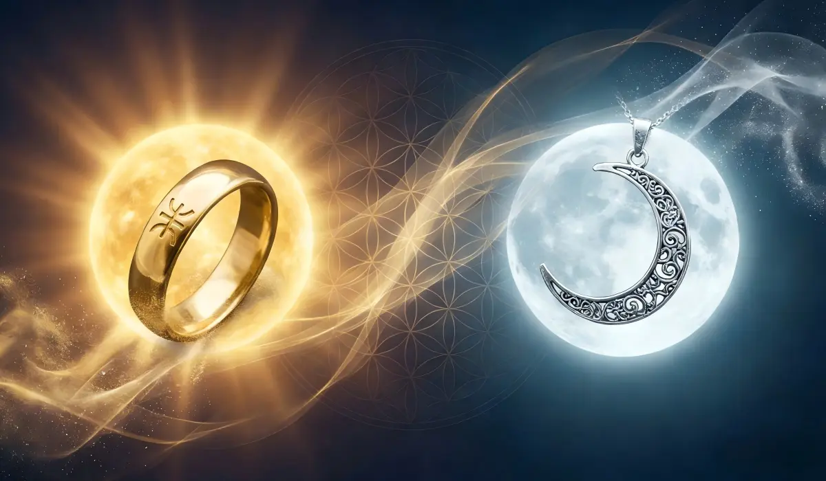 A visual comparison of gold and silver jewelry in 2026, symbolizing solar and lunar energy, personal power, intuition, and balance.