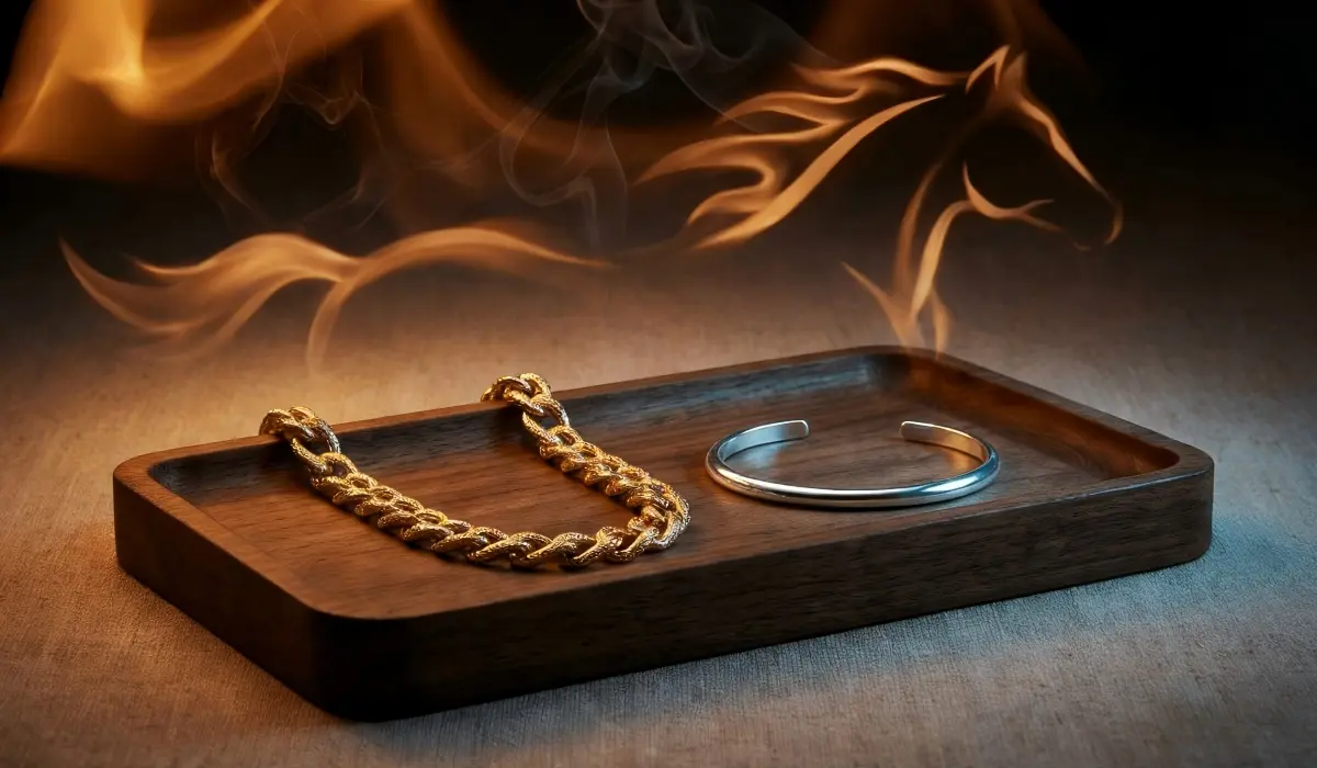 Gold chain and silver bracelet placed on a wooden tray with smoke, symbolizing energetic cleansing and renewal.