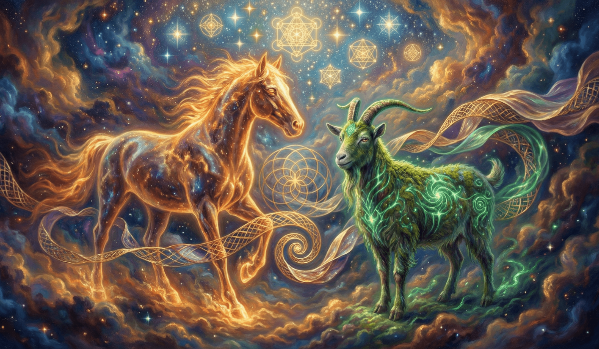 Glowing golden Fire Horse and green goat facing each other, set against a cosmic nebula with floating golden sacred geometry symbols.
