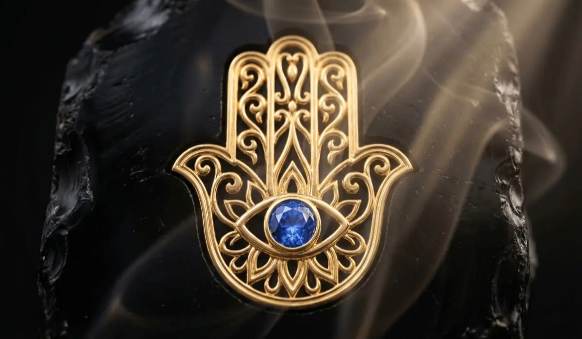 Golden Hamsa Hand with a blue gemstone eye, embedded in a black obsidian stone, with wispy smoke swirling around it.