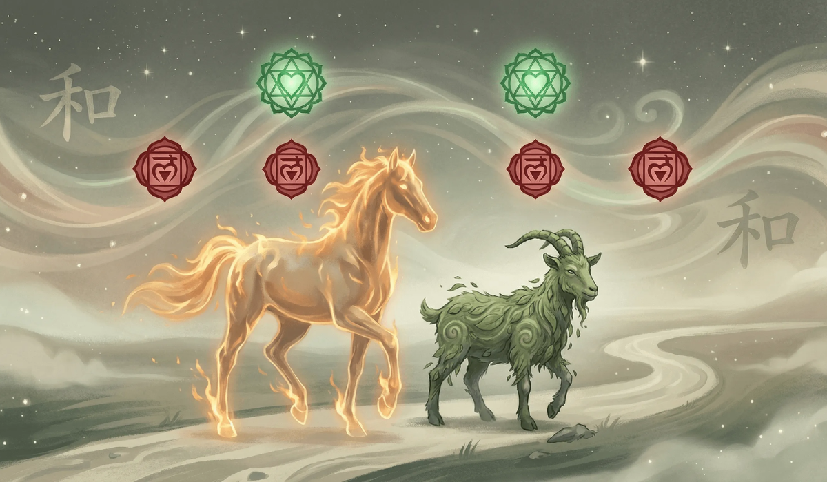 olden Fire Horse walking beside a green goat, with green heart chakra and red root chakra symbols above, and Chinese character "He" (Harmony) on the misty background.