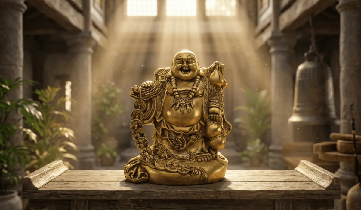 Golden laughing Buddha statue holding a string of coins and a cloth sack, placed on a rustic wooden table in a traditional stone building, with sunbeams streaming down.