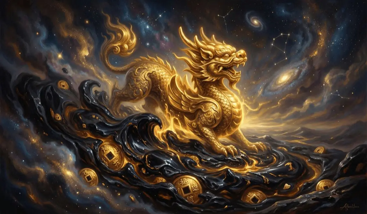 Majestic golden Qilin (or Pixiu) mythical beast emerging from swirling cosmic waves, surrounded by ancient Chinese gold coins, set against a starry nebula background, symbolizing wealth, prosperity, and good fortune.